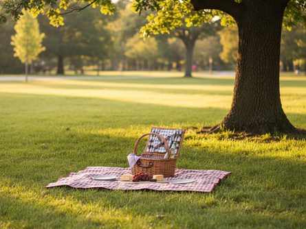 푸른 잔디밭 위에 펼쳐진 소풍 돗자리와 피크닉 바구니, 주변에 나무 그늘이 드리워진 공원