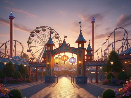 화려한 조명이 켜진 유럽풍 성과 회전목마, 야외 벤치가 있는 테마파크 광장