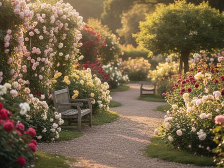 초록색 잔디 위에 놓인 빨간색과 분홍색 장미꽃다발, 주변에 분수 모형과 정원 장식 소품들이 배치된 야외 테이블