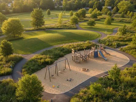 푸른 잔디가 펼쳐진 공원 전경, 나무 벤치와 산책로가 보이는 풍경