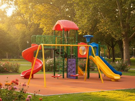 실내 어린이 놀이 공간에 다채로운 색상의 미끄럼틀, 볼풀장, 클라이밍 벽이 설치되어 있고, 안전 매트가 바닥에 깔려 있는 모습