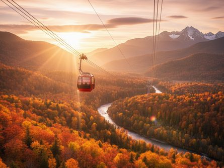 산 정상으로 향하는 케이블카와 푸른 하늘, 나무가 우거진 산맥
