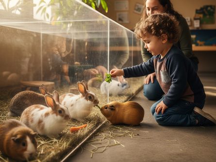 밝은 조명이 비추는 실내 동물원 공간, 투명 아크릴 울타리 안 토끼와 기니피그가 쉬고 있고, 어린이가 먹이 주는 모습, 측면 촬영