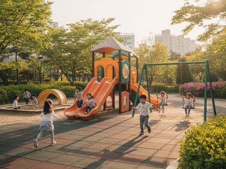 햇살 아래 야외 공원 놀이터 미끄럼틀과 그네, 어린이들이 뛰노는 모습