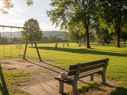 햇살 가득한 공원 벤치와 놀이터 그네, 멀리 보이는 아이들 실루엣