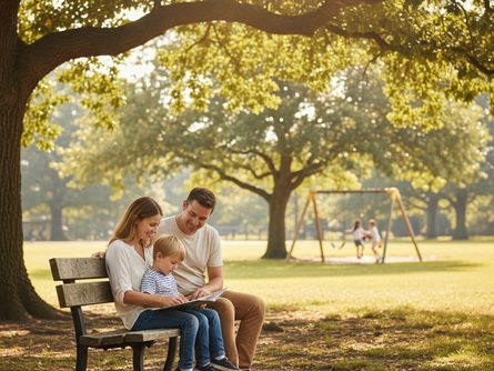 햇살 좋은 날 공원 벤치에 앉아 책을 보는 아이와 옆에서 지켜보는 부모, 뒤편으로 놀이터 그네와 나무 그늘