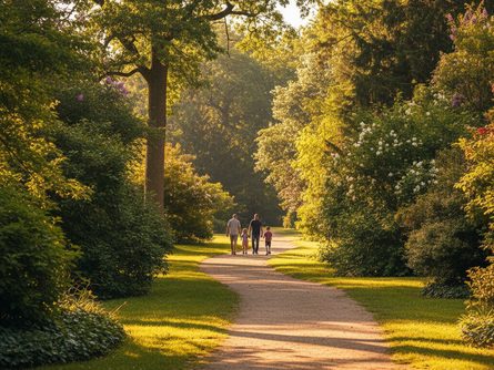 햇살 밝은 야외, 잔디밭과 나무가 우거진 수목원 산책로, 산책하는 가족들 원경